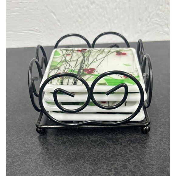Fused Glass Coasters Red Green Black White Handmade Set of 4 & Holder Art Deco - Picture 2 of 9